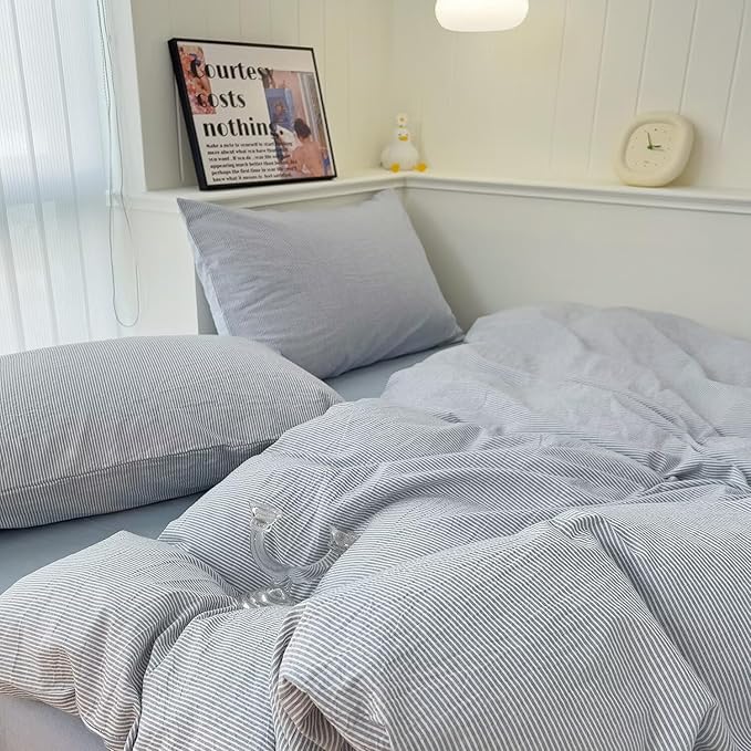 MKXI Ultra-Breathable Washed Cotton Duvet Cover Set, Queen 3-Piece Set - Fine Blue & White Stripes - Textured, Comfy Bedding - Coastal, Farmhouse, Minimalist Style