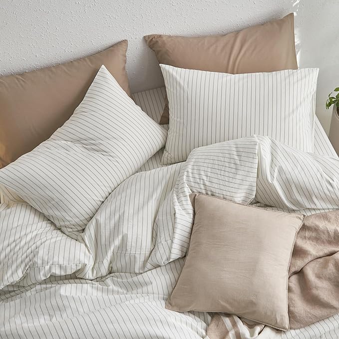 MooMee Bedding Pillowcases Striped Pack of 2 100% Washed Cotton Linen Like Textured Breathable Durable Soft Comfy (White Sage Green Wide Stripes, King)