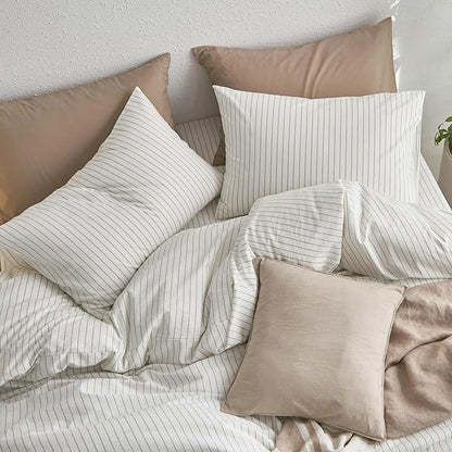 MooMee Bedding Pillowcases Striped Pack of 2 100% Washed Cotton Linen Like Textured Breathable Durable Soft Comfy (White Sage Green Wide Stripes, King)