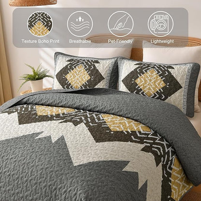 Dintszyayue Boho Quilt Set King Size, Grey Aztec Texture Bedspread Set, 3 Pieces Texture Southwestern Gray Bedding Set, Soft Lightweight Coverlet Set for All Season Bedding with 2 Pillowcases