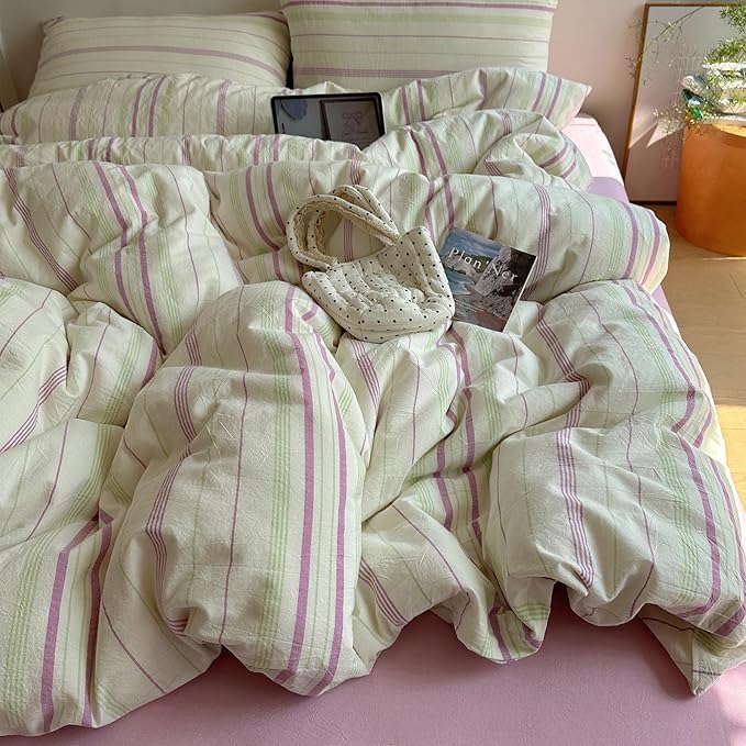EAVD Vintage Striped Comforter Set King Soft Cotton Retro Purple&Green Vertical Striped Bedding Set with 2 Pillowcases Boho Geometric Pattern Comforter Set for All-Season Breathable Lightweight