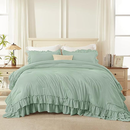 Andency Sage Green California King Comforter Set, 3 Pieces Farmhouse Shabby Chic Bedding Comforter Sets, Lightweight Fluffy Soft Polyester All Season Bed Set(104x96In Comforter)
