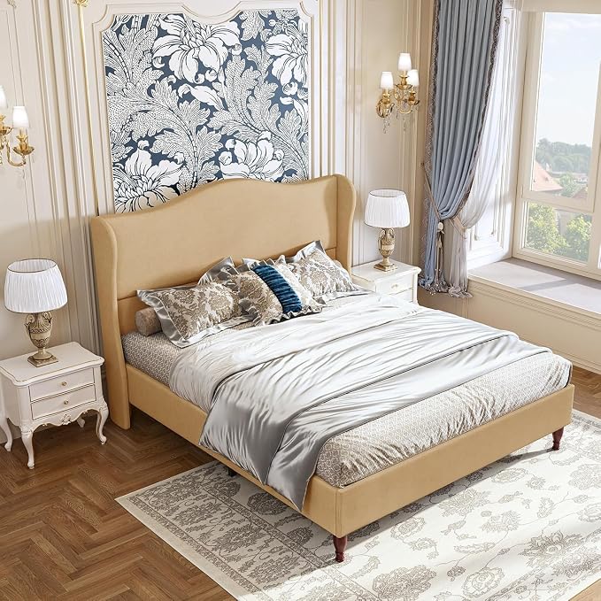 koorlian Full Upholstered Bed Frame with 51'' Tall Headboard, Warm Brown | Reinforced Platform Bed, Easy Assembly, Soft Fabric, Sleigh Wingback, Solid Wood Retro Legs, Noise-Free, Classic & Simple