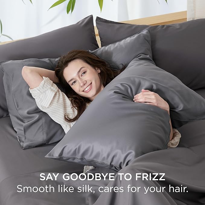 Bedsure Pillow Cases Standard Size, Cooling Pillow Cases, Rayon Derived from Bamboo Dark Grey Pillowcases Standard Set of 2, PureWoven Silky Soft Pillow Cover with Envelope Closure, 20x26 Inches