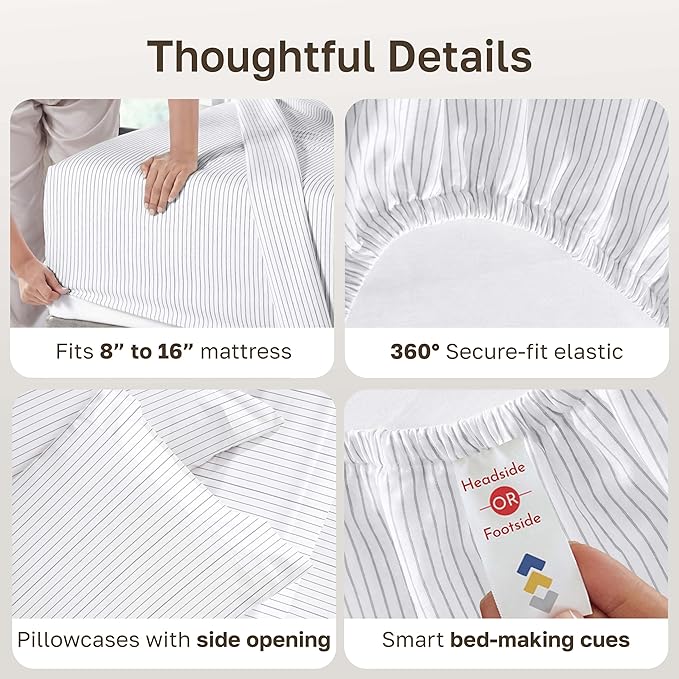 California Design Den Queen Sheet Set - 400 Thread Count Sateen, Natural 100% Cotton Sheet Set Queen Size, Deep Pocket and Durable Bedding - Pinstriped