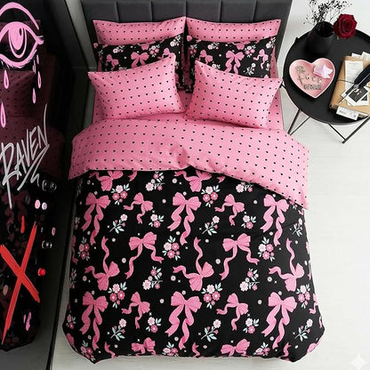Black Pink Bow Comforter Set Queen, Pink Ribbon Bowknot Bedding 3 Pcs Love Heart Soft Microfiber Reversible Comforter Set with 2 Pillowcases, 90"x90"