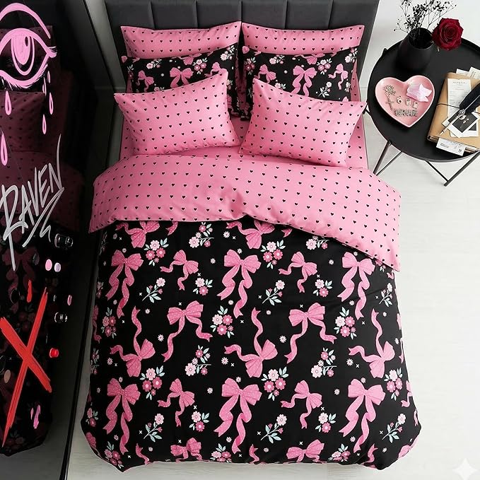 Black Pink Bow Comforter Set Full Size, Pink Bow Bedding 3 Pcs Love Heart Soft Microfiber Comforter Set with 2 Pillowcases, 79"x90"