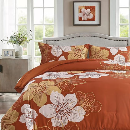Menghomeus Burnt Orange Comforter Set Queen Gold Floral Comforter Terracotta Botanical Bedding Sets Soft Microfiber Thanksgiving Bed Comforter Set for All Season (1 Comforter, 2 Pillowcases)