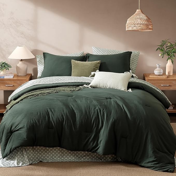 Monbix Oversized Queen Size Comforter Set - 7 Pieces Deep Forest Prewashed Bed in a Bag Bedding Sets with Comforters, All Seasons Ultra Soft Comforter Bed Set with Sheets, Pillowcases & Shams