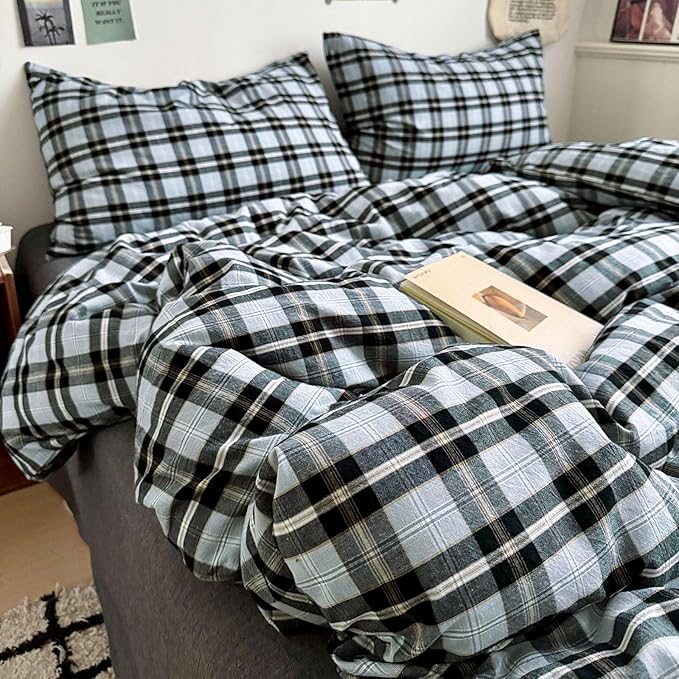 EAVD Vintage Light Blue Grey Buffalo Plaid Duvet Cover Queen Soft Washed Cotton Gingham Bedding Set with Grid Checkered Pattern Farmhouse Geometric Duvet Cover with 2 Pillowcases for Boys Men Women