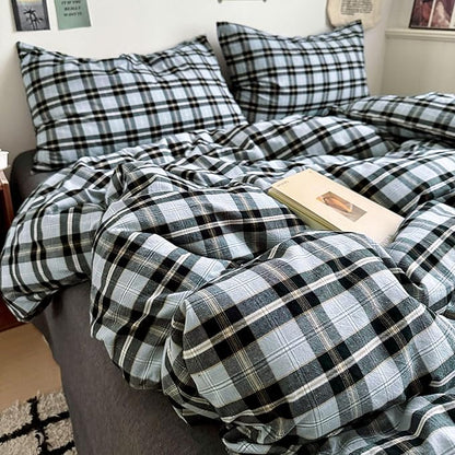 VM VOUGEMARKET Black Grey Plaid Duvet Cover Set King,3 Pieces Washed Cotton Bedding Set,Breathable Luxury Grid Duvet Cover with 2 Pillowcases