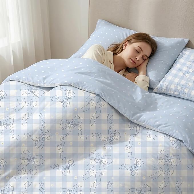 Blue Plaid Bow Comforter Set Twin Size, 2 Pcs Checkered Gingham Bedding Set Love Heart Reversible Comforter with 1 Pillowcase, 68"x86"