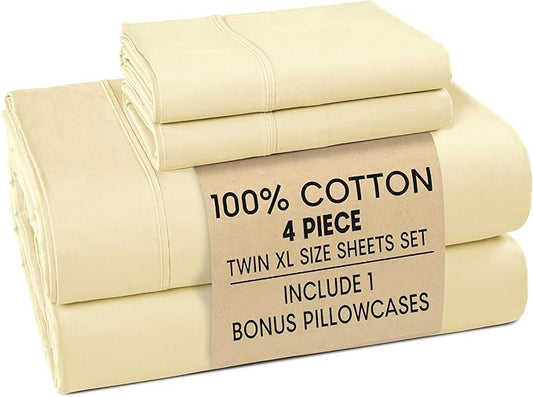 Casa Platino 100% Cotton Percale Sheet Twin XL – Crisp Twin XL Size Bed Sheets Cooling with 2 Pillowcases, Ultra Soft & Breathable for Great Nights Sleep, with 15" Deep Pocket Fitted Sheet – Beige