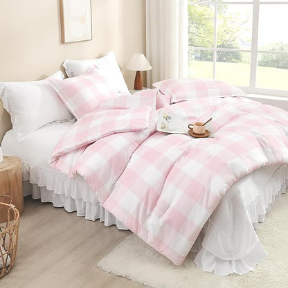 Andency Pink Checkered Comforter Twin(66x90Inch), Plaid Gingham Buffalo Plaid Grid Bedding Sets for Girls Kids Women Kids Teens, 2 Pieces Lightweight Polyester Geometric Preppy Bed Set