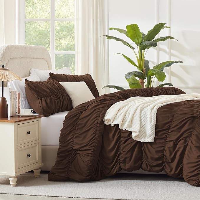 Andency Ruched Brown Full Size Comforter Sets, Shabby Chic Pleatd Bedding Sets 3 Pieces, Lightweight Soft Boho Ruffle Bed Set for Girls, Kids, Women, All Season