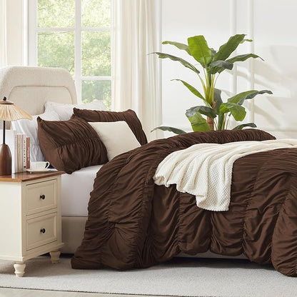 Andency Ruched Brown Twin Size Comforter Sets, Shabby Chic Pleated Bedding Sets 2 Pieces, Lightweight Soft Boho Ruffle Bed Set for Girls, Kids, Women, All Season