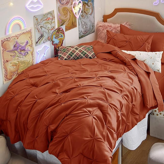 Bedsure Twin XL Comforter Set - Extra Long 5 Pieces Dorm Bedding Sets, GentleSoft™ Pinch Pleat Burnt Orange Bed in a Bag with Pintuck Comforter, Sheets, Pillowcase & Sham