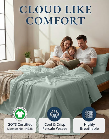 LANE LINEN 100% Organic Cotton Full Sheets Set, Soft & Comfy Percale Weave Fully Elasticized Reinforced Seams Sustainably Produced Oeko Tex Certified Deep Pocket Cotton Full Size Sheet - Cool Blue