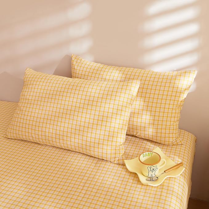 EAVD Vintage Style Gingham Comforter Set Twin XL Soft 100% Washed Cotton Yellow Grid Plaid Bedding Set with 2 Pillowcases Reversible Farmhouse Gingham Bedding Set for All-Season