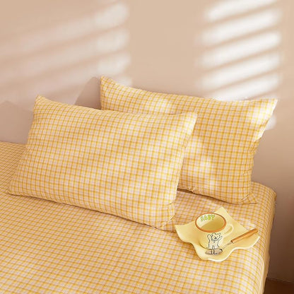 EAVD Vintage Style Gingham Comforter Set Twin XL Soft 100% Washed Cotton Yellow Grid Plaid Bedding Set with 2 Pillowcases Reversible Farmhouse Gingham Bedding Set for All-Season