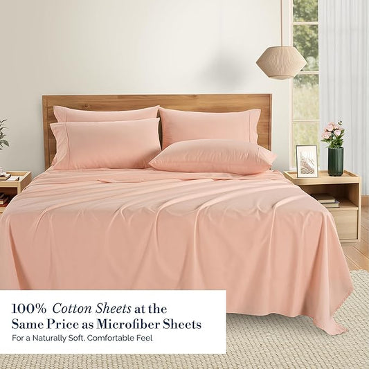 Casa Platino 100% Cotton King Size Sheets Set – 6 Piece Crisp Percale King Size Cooling Sheets, Lightweight for Summer, with 15" Deep Pocket Fitted Sheet Nightly Comfort & Airy Sleep – Veiled Rose