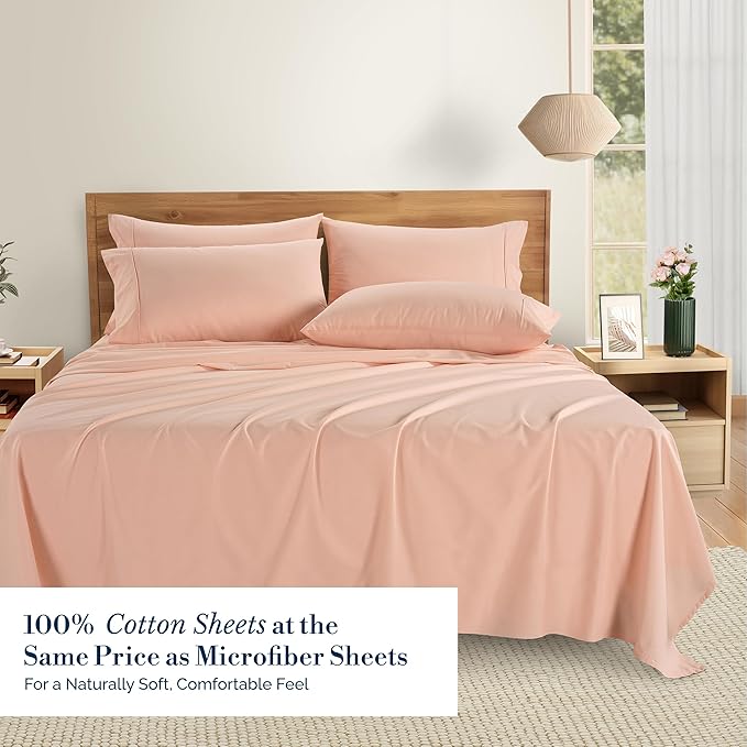 Casa Platino 100% Cotton Cal King Size Sheets Set – 6 Piece Crisp Percale Cal King Size Cooling Sheets, Lightweight for Summer, with 15" Deep Pocket Fitted Sheet, Comfortable Sleep – Veiled Rose