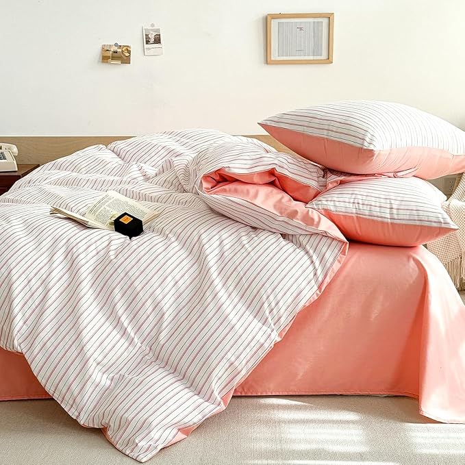 EAVD Pink White Striped Duvet Cover Twin Soft 100% Cotton Pink Vertical Ticking Stripes Bedding Set with 2 Pillowcases Modern Geometric Pattern Duvt Cover with Zipper Closure