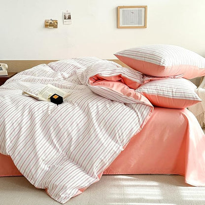 EAVD Pink White Striped Duvet Cover Twin Soft 100% Cotton Pink Vertical Ticking Stripes Bedding Set with 2 Pillowcases Modern Geometric Pattern Duvt Cover with Zipper Closure