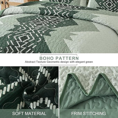 Dintszyayue Green Quilt Set Queen Size,3 Piece Boho Aztec Texture Bedspread Coverlet Set Reversible Lightweight Bedding Set Geometric Bohemian Bed Cover with 2 Pillowcases(Green,90"x96")