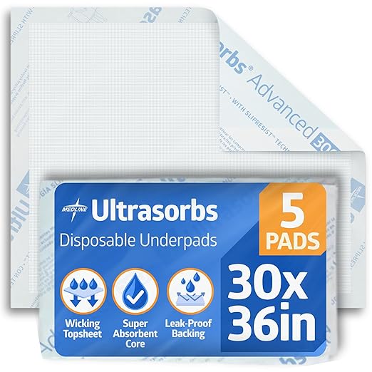 Medline Ultrasorbs Drypads with SlipResist Technology, 30" x 36", 5 Count, Super Absorbent Disposable Bed Pads, Incontinence Bed Pads, Adult Bed Pads, 10x More Absorbent, Chucks For Adults, Elderly