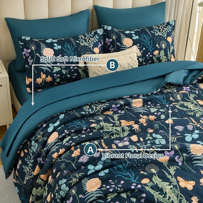 Yiran Blue Twin Comforter Set with Sheets, 6 Piece Floral Bed in a Bag with Botanical Flowers Patterns, Botanical Bedding Set, Soft Microfiber Complete Bedding Set with Sheets for All Season
