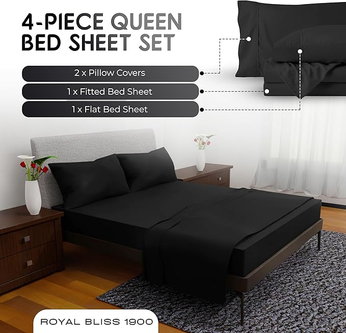 Queen Sheet Set - 4 Piece Bedding - Double Brushed, Deep Pocket, Cooling Queen Size Bedding Set (Black)