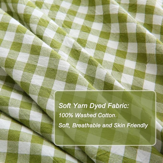 Olive Green/White Checkered Ruffle 3-Piece Duvet Cover Set Queen Size,Washed Cotton Shabby Gingham Plaid Bedding Set Farmhouse Comforter Set(Queen,Olive Green)
