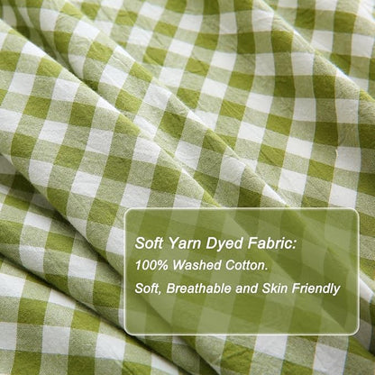 Olive Green/White Checkered Ruffle 3-Piece Duvet Cover Set Full Size,Washed Cotton Shabby Gingham Plaid Bedding Set Farmhouse Comforter Set(Full,Olive Green)