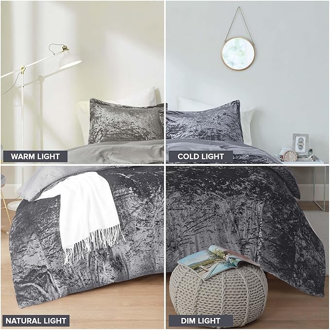 Comfort Spaces Juliette Luxe Comforter Set Velvet Lush with Soft Brushed Microfiber Reverse, All Season Cozy Velvet Bedding Sets, Fluffy Comforter Bed Set, Matching Sham, Grey King 3 Piece