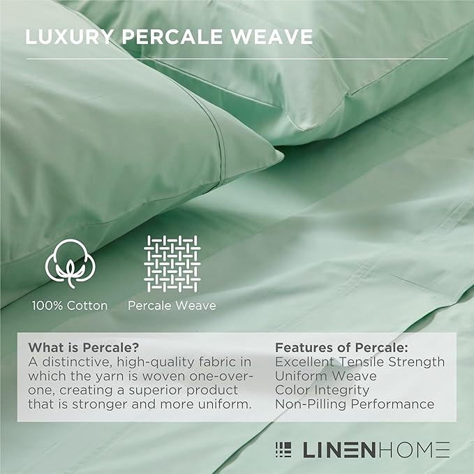Linen Home 100% Cotton Percale Pillowcases King Size, Pastel Turk, 2 Pieces of Pillow Case, Crisp and Cool Strong Bed Linen, 20 inches X 40 inches