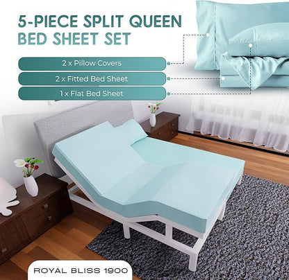 Split Queen Sheets - 5 Pcs Set for Adjustable Bed - Soft, Wrinkle-Resistant (Aqua)