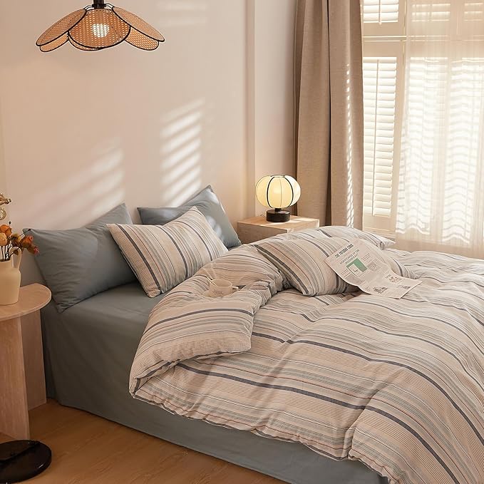 Striped Duvet Cover Set Twin, 3 Pieces Blue White Stripes Pattern Printed Comforter Cover, 100% Washed Cotton Striped Bedding Set, Soft Breathable Twin Duvet Cover with Zipper Closure & Corner Ties