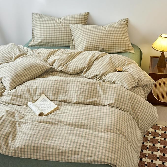 EAVD Vintage Style Green Plaid Duvet Cover Queen Soft 100% Washed Cotton Chic Checkered Gingham Bedding Set with 2 Pillowcases Farmhouse Green Gingham Duvet Cover with Zipper Closure