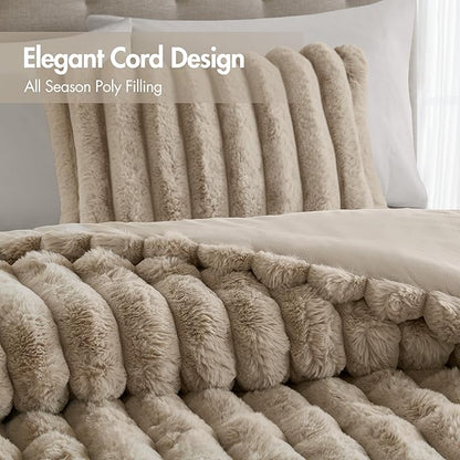 Madison Park Jasmine Queen Comforter Set, Luxurious Reversible Faux Fur Plush Ribbed Velvet Bedding, Fuzzy Thick Warm Winter Comforter, Super Soft Fluffy 3-Piece Set Taupe
