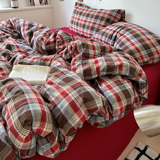 VM VOUGEMARKET Red Buffalo Gingham Duvet Cover Set Queen,3 Pieces Washed Cotton Bedding Set,Breathable Luxury Plaid Duvet Cover with Zipper Closure for Girls (Red&Brown)