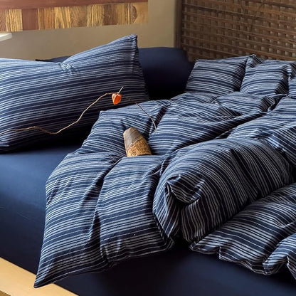 EAVD Retro Striped Duvet Cover Queen Navy Blue Soft 100% Washed Cotton Reversible Stripes Pattern Bedding Set with 2 Pillowcases Farmhouse Geometric Pattern Duvet Cover with Zipper Closure