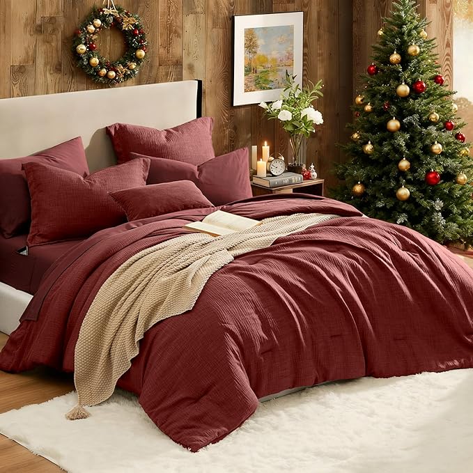 Geniospin King Comforter Set - 7 Pieces Comforter King Size, Soft Solid Bedding Set for All Season, Dark Red Textured Bed in a Bag with Sheets, Pillowcases & Shams