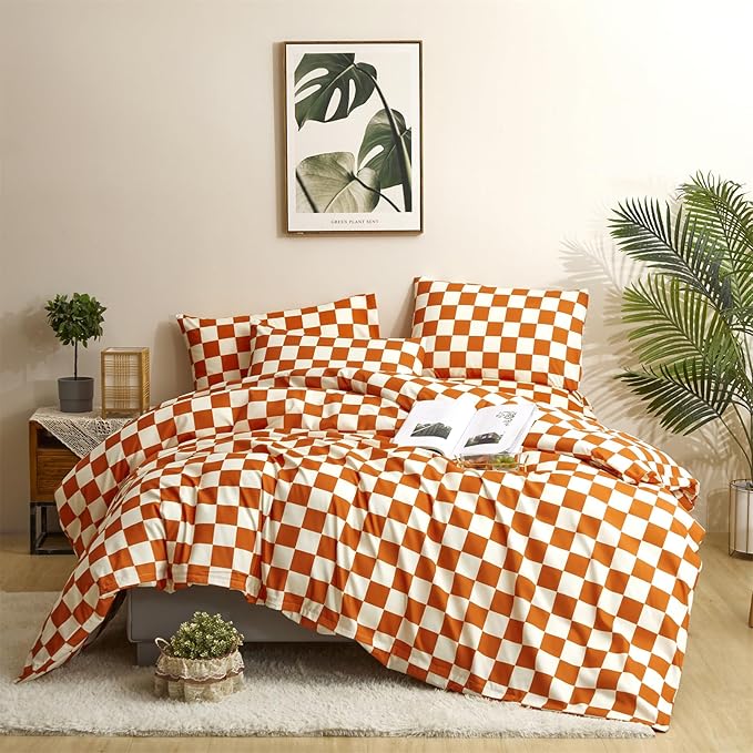 CLOTHKNOW Orange Plaid King Size Comforter Set 3Pcs Grid Bedding Comforter Sets Soft Lightweight Caramel Comforter King Checker Comforter