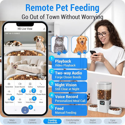 Frienhund Dual Automatic Cat Feeder with Camera for 2 Cats: 5G WiFi Automatic Dog Feeder with Night Vision, 7L Auto Cat Food Dispenser with Two Camera for Multiple Pet, Easy to Clean-29 Cup(ACF180W-A)