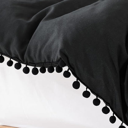 YIRDDEO Twin Comforter Set - Comforter Twin Size Bed with Ball Pom Fringe, Soft Bedding Set for All Seasons - 2 Pieces, 1 Comforter (66"x90") & 1 Pillow Sham(20"x26"), Black