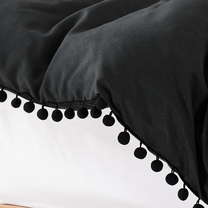 YIRDDEO Queen Comforter Set - Comforter Queen Size Sets with Ball Pom Fringe, Soft Bedding Set for All Seasons - 3 Pieces, 1 Comforter (90"x90") & 2 Pillow Shams (20"x26"), Black