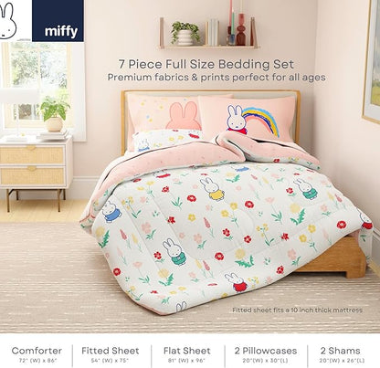 Miffy Bedding Set, Full Size 7-Piece Super Soft Fluffy Reversible Comforter & Sheet Set with Sham, (100% Officially Licensed Product) by Franco Collectibles