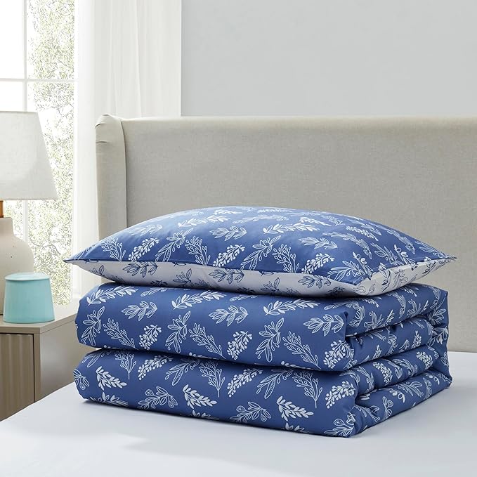 Nestl Twin/Twin XL Comforter Set - Slate Blue Bed in a Bag Twin, 2 Pieces Reversible Bed Set, Soft Floral Bedding Set for College Dorm, All Season Botanical Comforters with Pillow Sham
