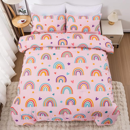 Btargot Lightweight Soft 3 Piece Rainbow Comforter Set with 2 Pillow Covers, Cartoon Love Hearts Flowers and Sun Moon Star Bedding Set for Girls Boys Kids, Full Blush